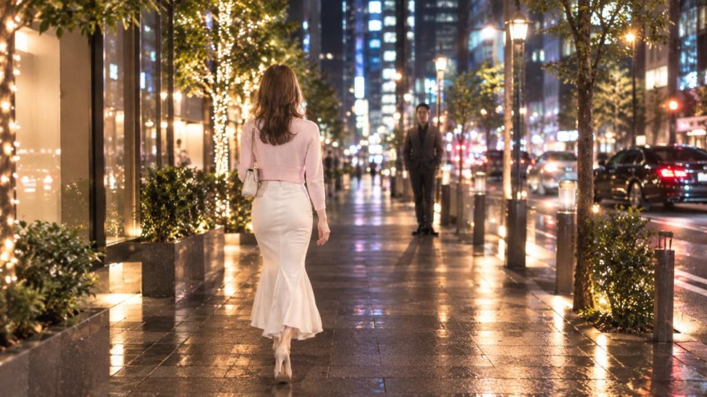 夜の街の歩道で、待ち合わせ場所へ向かう女性のうしろ姿のイメージ
